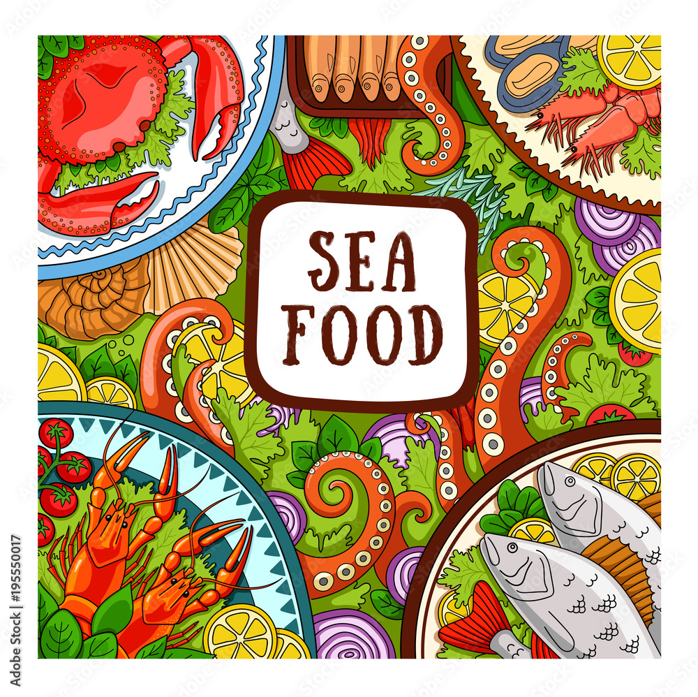 Sea food. Design concept for shop, restaurant, template for labels, banner, signboard, menu. Vector hand-drawn illustration.