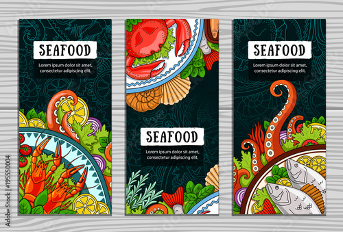 Set of seafood vertical banners. Design concept for shop, restaurant, template for labels, banner, signboard.