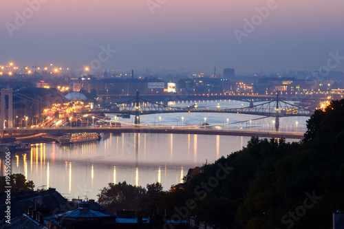 Night view of Danube river with bridges in Budapest