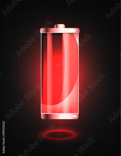 Low battery. Battery charging status indicator. Glass realistic power battery illustration on black background. Full charge total discharge. Charge status. Vector. photo