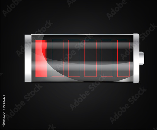 Low battery. Battery charging status indicator. Glass realistic power battery illustration on black background. Full charge total discharge. Charge status. Vector. photo