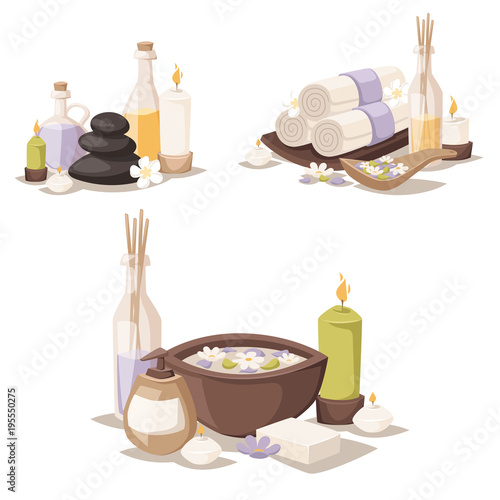 Spa vector icons treatment beauty procedures wellness spa-massage herbal cosmetics aroma spa stones towels and lotus flower illustration.