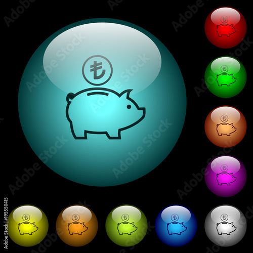 Turkish Lira piggy bank icons in color illuminated glass buttons