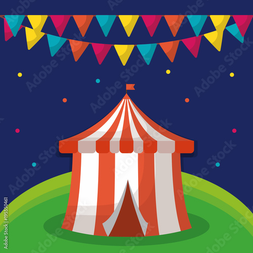 Circus carnival design with decorative pennants and circus tent icon over blue background, colorful design vector illustration