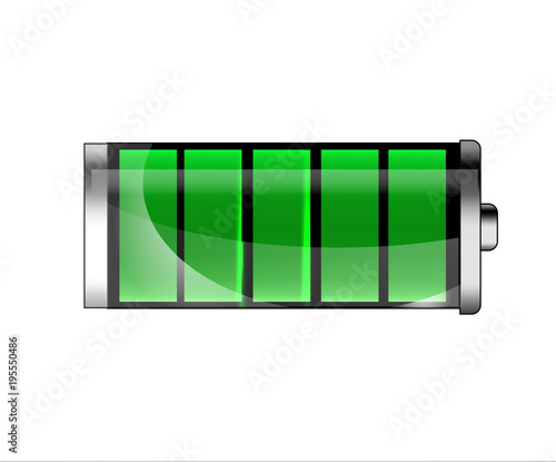 Charged battery. Full charge battery. Battery charging status indicator. Glass realistic power green battery illustration on white background. Full charge total discharge. Charge status. Vector.