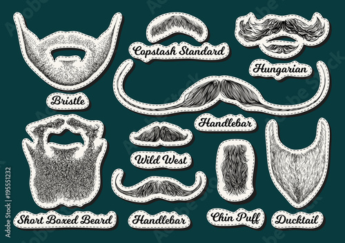 Set of vector stickers with beards and mustaches. Hand drawn illustration with fashionable men's styles. Linear Graphics. Kinds and names of hairstyles