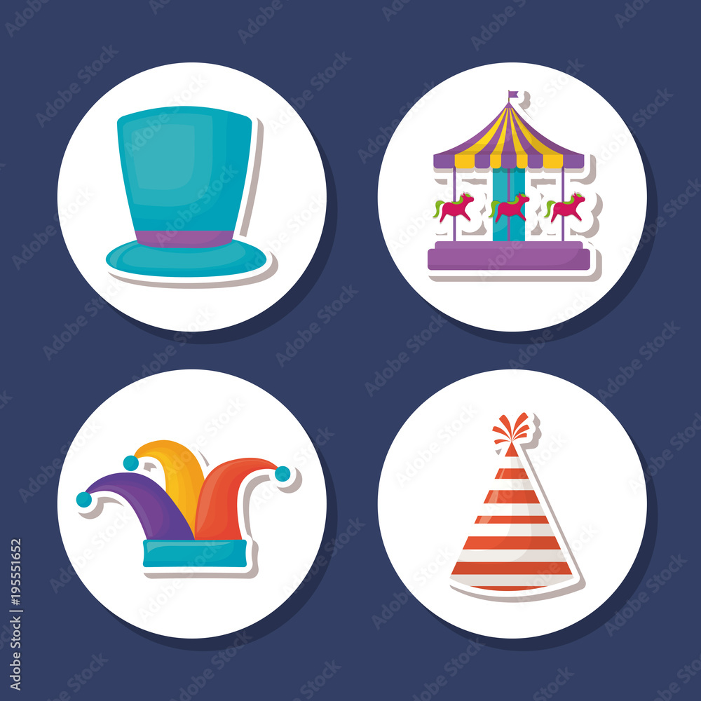 icon set of Circus carnival concept over white circles and blue background, vector illustration