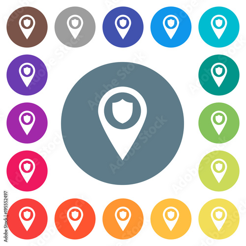 Police station GPS map location flat white icons on round color backgrounds