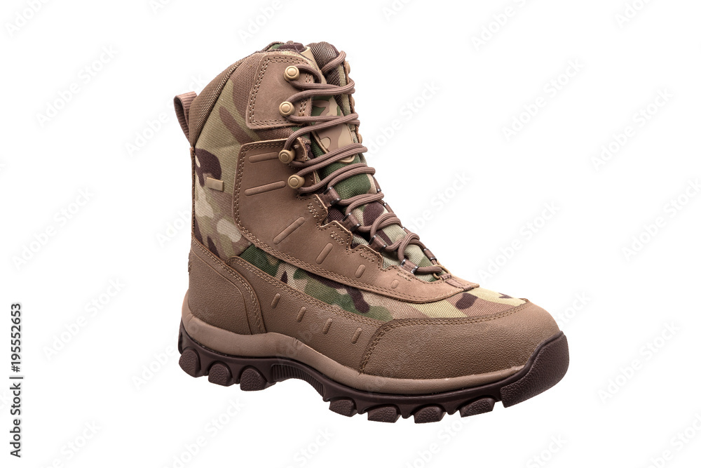 Camouflage military boots isolated on white Camouflage military boots isolated on white