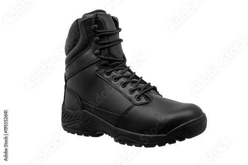 Black military leather boot isolated on white