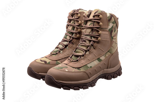 Camouflage military boots isolated on white