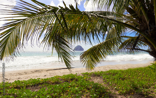 The Diamond rock and Caribbean beach   Martinique island.