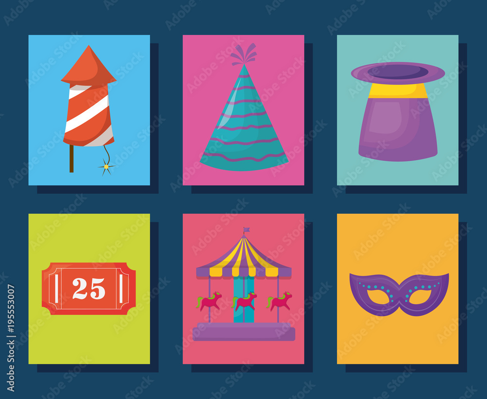 Icon set of Circus carnival  concept over colorful squares and blue  background, vector illustration