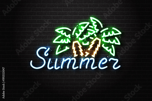 Vector realistic isolated neon sign of Summer logo with palms for decoration and covering on the wall background. Concept of beach, surfing and happy summer.