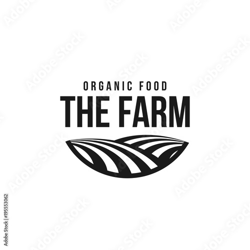 The farm logo template. Meadow silhouette, land symbol with horizon in perspective. Farm food badge