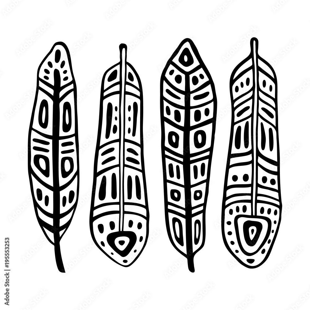 Ethnic Feathers Set. Hand drawn vector illustration. Design element Ethnic Feathers Set. Hand drawn vector illustration. Design element
