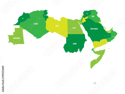 Arab World states. Political map of 22 arabic-speaking countries of the Arab League. Northern Africa and Middle East region. Vector illustration.