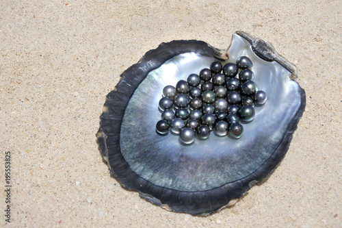 Flat lay view of excellent Round Tahitian Black Pearls photo