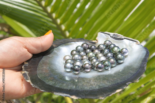 Pacific Islander woman holds Tahitian Black Pearls photo