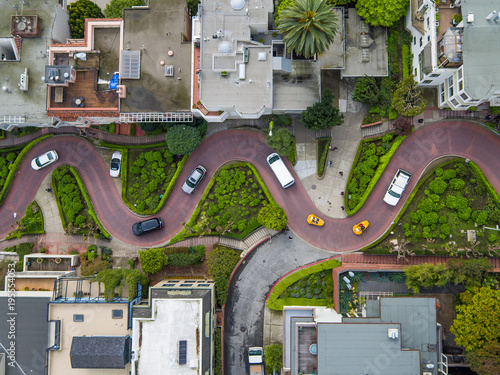 Aerial view of cars moving on Lombard Street