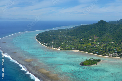 Aerial landscape view of Muri Lagoon in Rarotonga Cook Islands