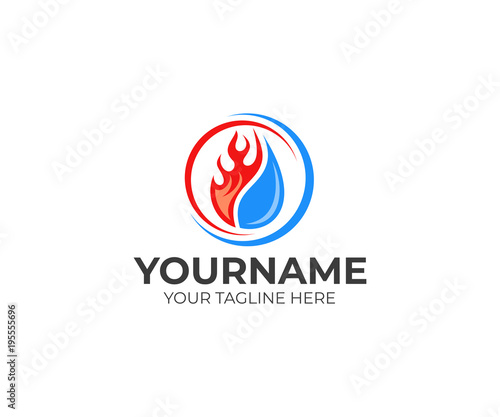 Flame and drop water, cooling and heating logo template. Plumbing, heating, gas supply, air conditioner, service and repair vector design. Renewable energy source illustration