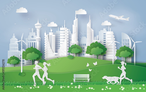 City Park Jogging Scene with Urban Skyline