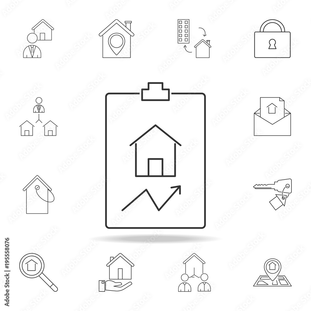 Fototapeta premium Home arrow in dashboard icon. Set of sale real estate element icons. Premium quality graphic design. Signs, outline symbols collection icon for websites, web design, mobile app