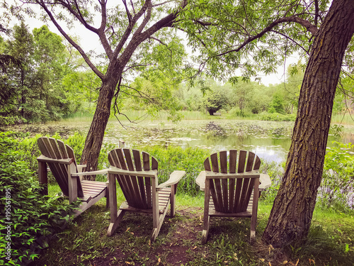 Wooden chairs near a pond in the summer park