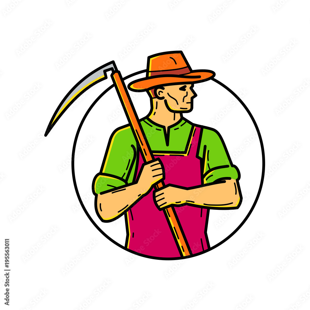 Mono line illustration of an organic farmer, agriculturist or agriculturer, holding scythe, an agricultural hand tool, on shoulder looking to side set inside circle done in monoline style.