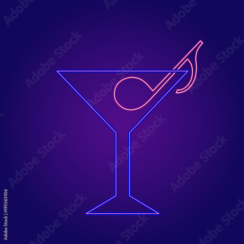 Neon cocktail with music note. Isolated vector illustration.