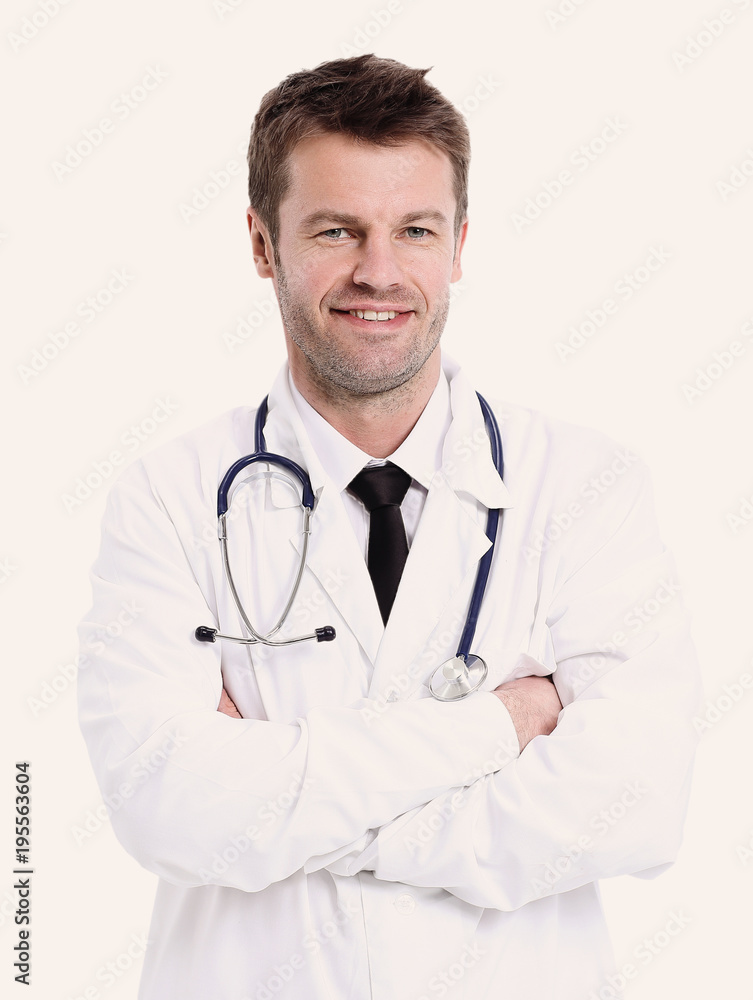 Portrait of confident medical doctor on white background