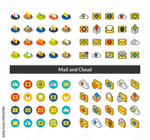 Set of icons in different style - isometric flat and otline, colored and black versions