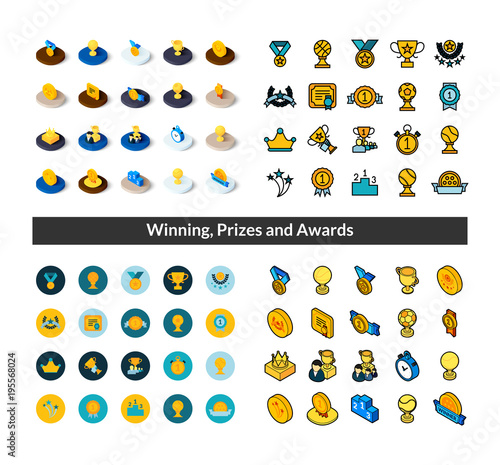 Set of icons in different style - isometric flat and otline, colored and black versions