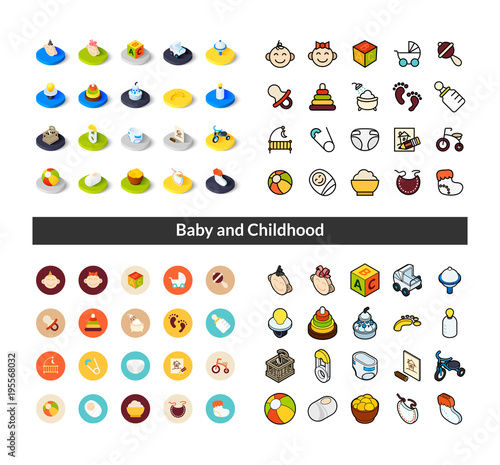 Set of icons in different style - isometric flat and otline, colored and black versions