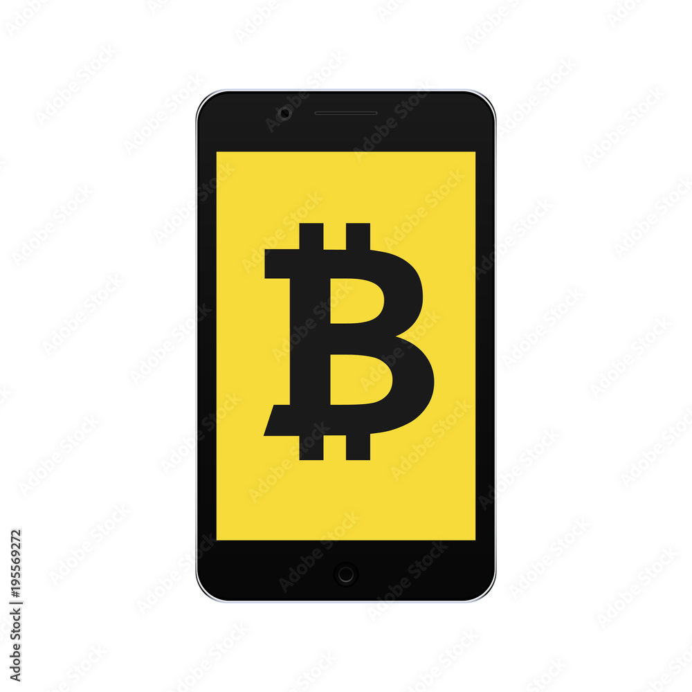 Bitcoin icon on cell phone. Mobile device and cryptocurrency symbol. E-commerce and payment concept. Vector Illustration Bitcoin icon on cell phone. Mobile device and cryptocurrency symbol. E-commerce and payment concept. Vector Illustration