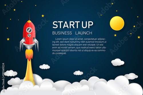 Rocket launch on the full moon, clouds and blue sky in the dark night as paper art, craft style and business Startup project concept. flat design vector illustration.