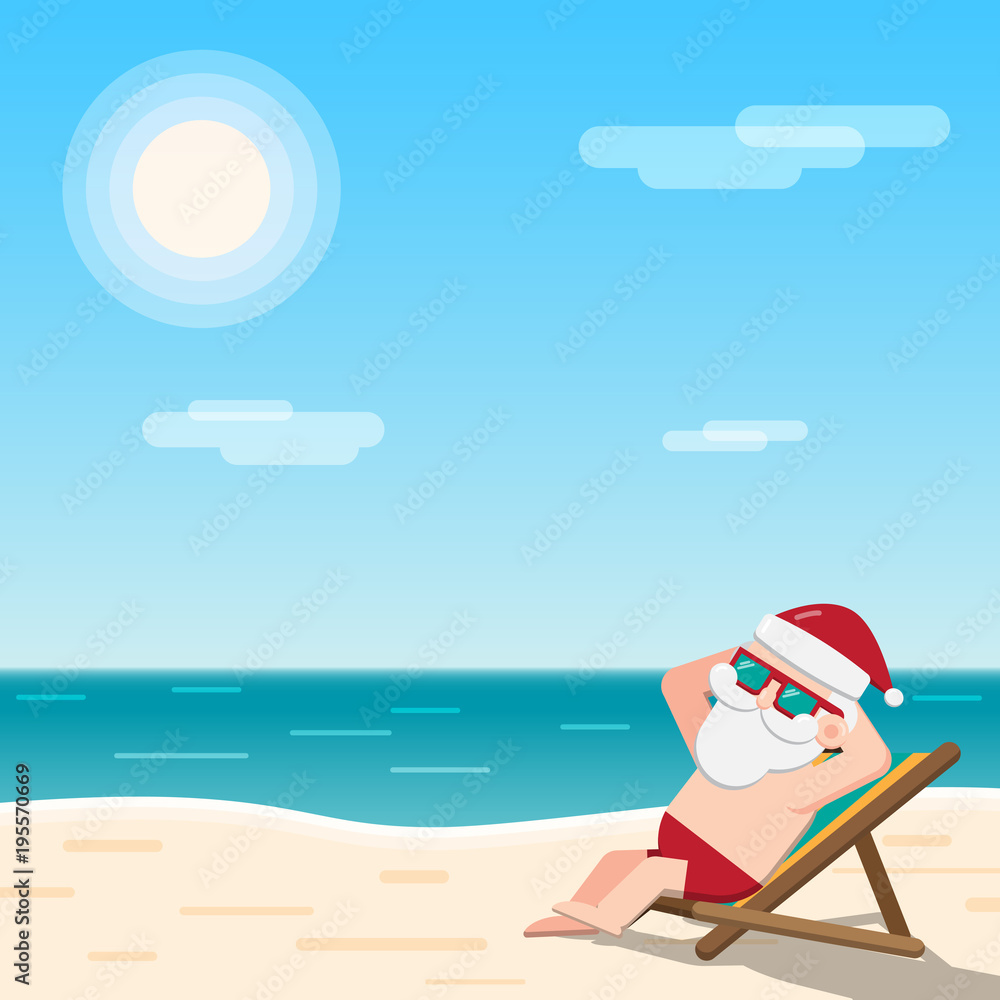 Christmas in July theme, Santa Claus wearing sunglasses sits sunbathing