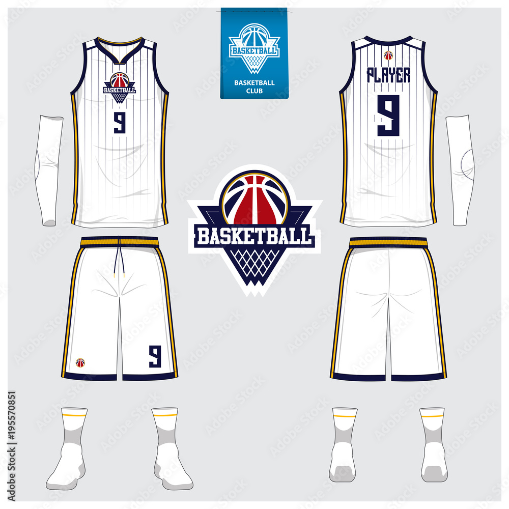 Fototapeta premium Basketball jersey or sport uniform, shorts, socks template for basketball club. Front and back view sport t-shirt design. Tank top t-shirt mock up with logo design. Vector Illustration.