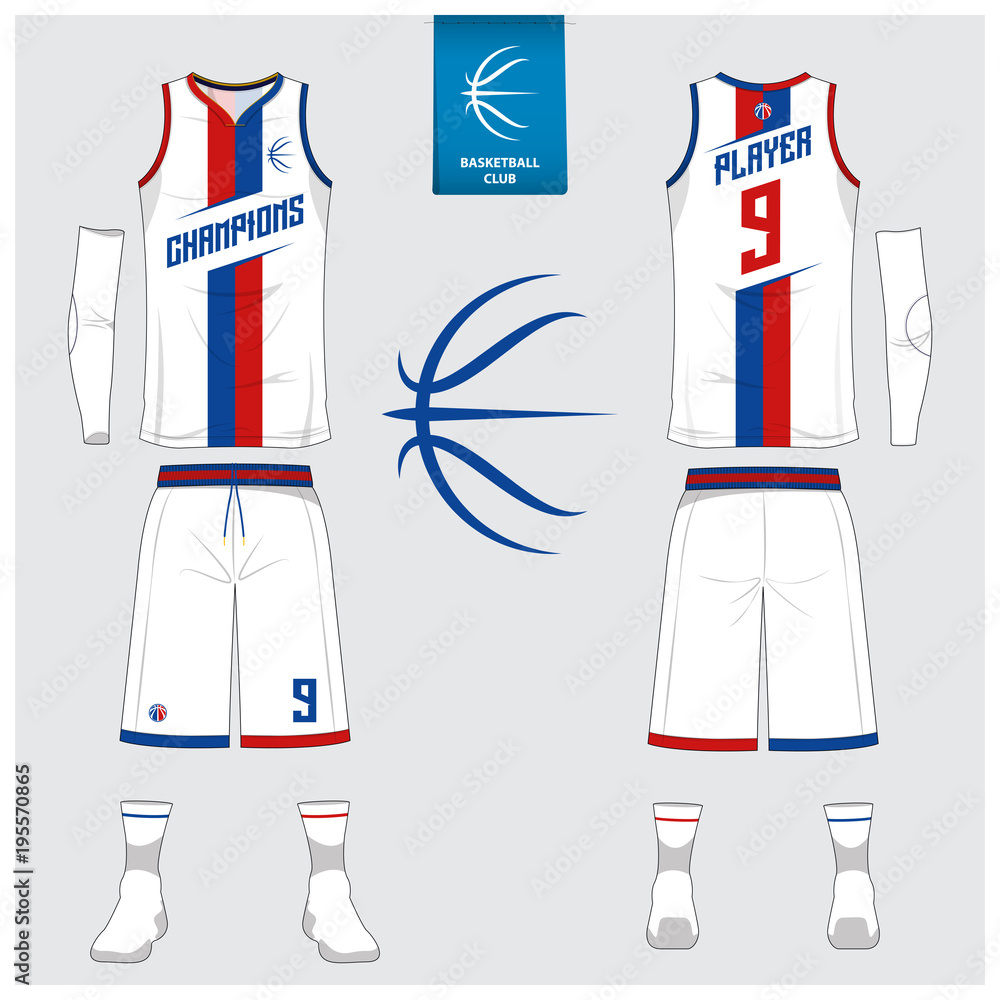 Fototapeta premium Basketball jersey or sport uniform, shorts, socks template for basketball club. Front and back view sport t-shirt design. Tank top t-shirt mock up with logo design. Vector Illustration.