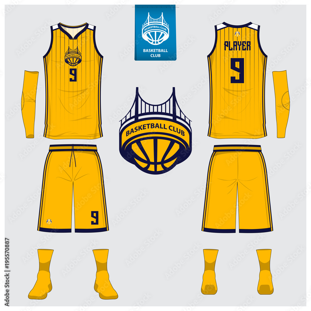 Fototapeta premium Basketball jersey or sport uniform, shorts, socks template for basketball club. Front and back view sport t-shirt design. Tank top t-shirt mock up with logo design. Vector Illustration.