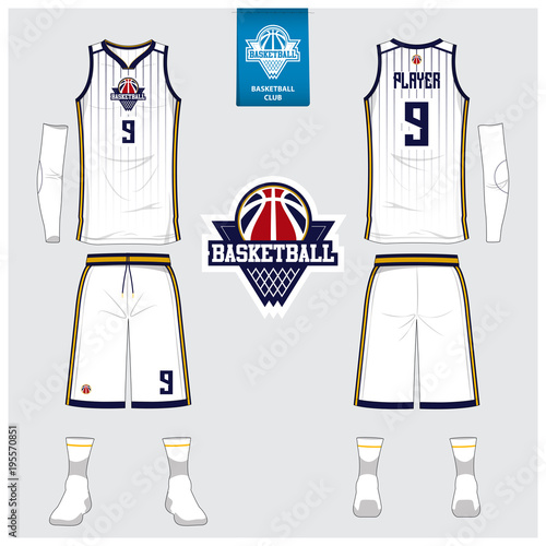 Basketball jersey or sport uniform, shorts, socks template for basketball club. Front and back view sport t-shirt design. Tank top t-shirt mock up with logo design. Vector Illustration.