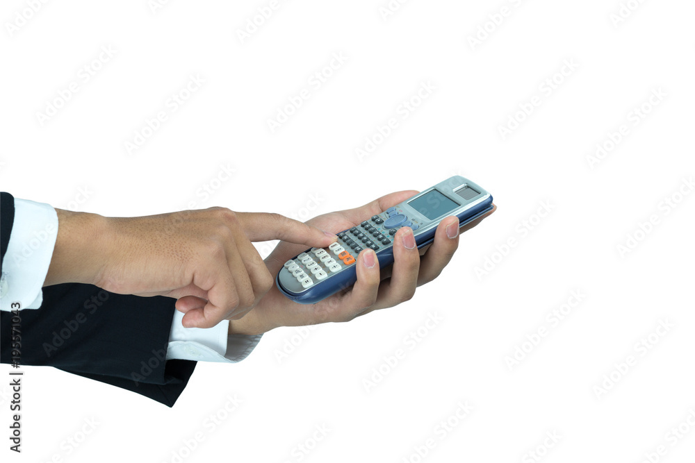 Hand of the businessman calculator isolated on white backgroundwith clipping path. Hand of the businessman calculator isolated on white backgroundwith clipping path.