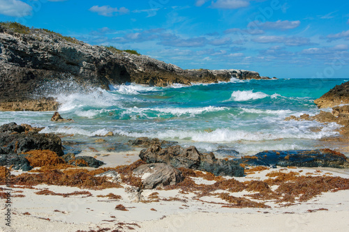 A view of the surf on the rocky Atlantic side of Warderick Wells Cay in Exumas, Bahamas.