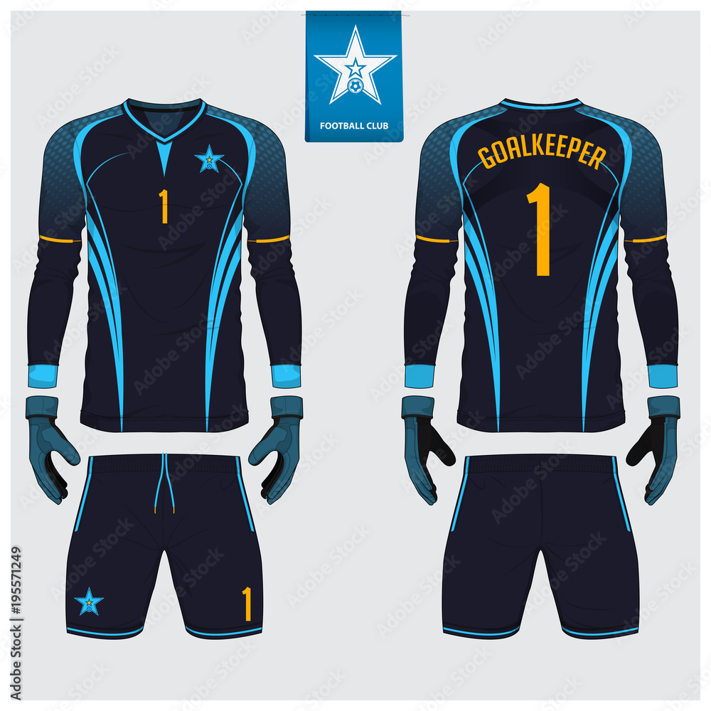 Naklejka premium Goalkeeper jersey or soccer kit, long sleeve jersey, goalkeeper glove template design. Sport t-shirt mock up. Front and back view football uniform. Flat football logo label. Vector Illustration.