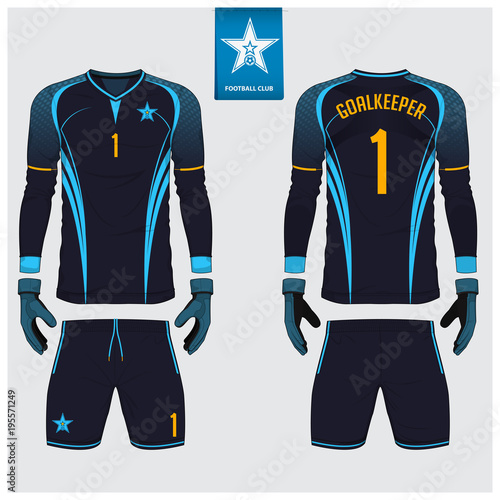 Goalkeeper jersey or soccer kit, long sleeve jersey, goalkeeper glove template design. Sport t-shirt mock up. Front and back view football uniform. Flat football logo label. Vector Illustration.