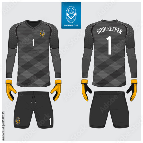 Goalkeeper jersey or soccer kit, long sleeve jersey, goalkeeper glove template design. Sport t-shirt mock up. Front and back view football uniform. Flat football logo label. Vector Illustration.