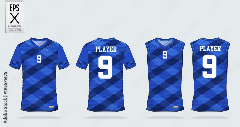 Obraz premium Blue t-shirt sport design template for soccer jersey, football kit and tank top for basketball jersey. Sport uniform in front and back view. Tshirt mock up for sport club. Vector Illustration.