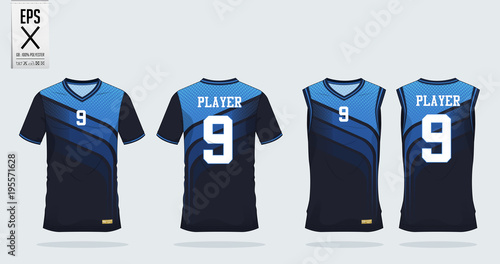 Blue t-shirt sport design template for soccer jersey, football kit and tank top for basketball jersey. Sport uniform in front and back view. Tshirt mock up for sport club. Vector Illustration. photo