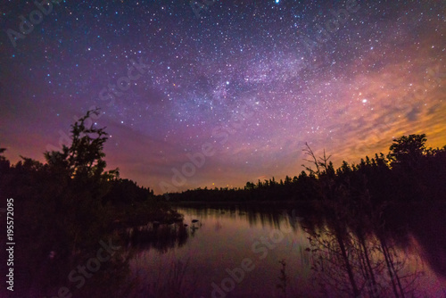 Lake reflecting with stars at night